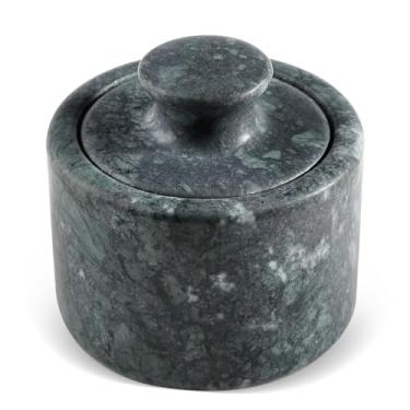 Imagem de Koville Saleiro de mármore verde indiano com tampa de 9 cm, recipiente de pimenta e potes de especiarias para cozinha, suporte de sal e pimenta de mármore, caixa de armazenamento de pedra para balcão