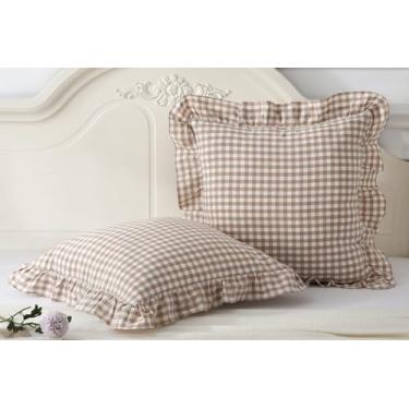 Imagem de Hycurey Capas de almofada xadrez taupe com babados 50,8 x 50,8 cm, pacote com 2 fronhas vintage xadrez de algodão lavado para cama, sofá, sala de estar