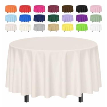 Imagem de SietDESEO Pacote com 3 toalhas de mesa redondas marfim 213 x 213 cm circular de plástico toalha de mesa redonda descartável para festa, piquenique, casamento, chá de bebê, toalha de mesa redonda