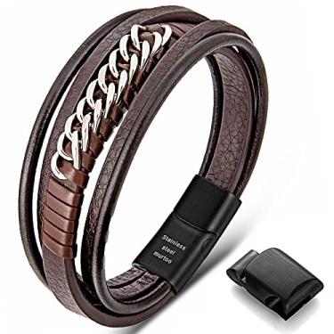 Imagem de murtoo Pulseira masculina de couro com corrente de aço, pulseira de couro marrom e preto Chain of Freedom com fecho ajustável para presente masculino, 7.5 inch, Couro, Sem pedras preciosas