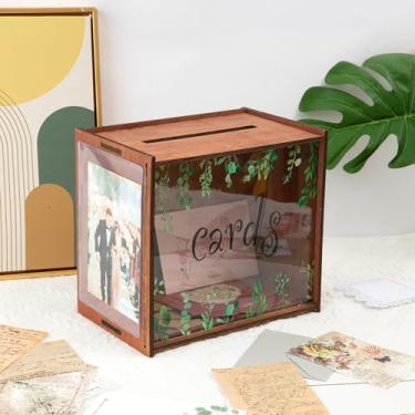 Imagem de APLUSWER Caixa de cartão de casamento de madeira com molduras de 2 peças para fotos de 5 x 7 fotos, caixa de cartão envelope com janela para decoração de casamento, festa, formatura, lua de mel