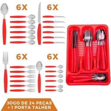 Imagem de Faqueiro 24 Pçs Aço Inox C/ 1 Porta Talheres Berlim Vermelho - EM CASA