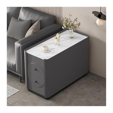 Imagem de Mesa lateral de sofá, aparador moderno armário de armazenamento ardósia + mesa lateral de madeira maciça, sala de estar, mesa de canto criativa, armário lateral criativo (80 x 40 x 55 cm, F)