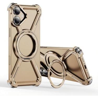 Imagem de LEMAXELERS Capa minimalista para iPhone 16 Plus de 6,7 polegadas compatível com MagSafe, capa protetora de metal sem moldura à prova de choque com suporte para Apple iPhone 16 Plus. Ouro HJ