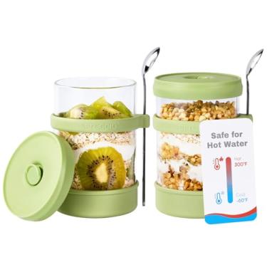 Imagem de Spreccio Recipientes De Vidro Para Aveia Noturna Com Tampa Silicone E Colher 16 Oz [Pacote 2], Potes Herméticos Tampa, Lanche Iogurte, Pudim Chia Especiarias (Verde)