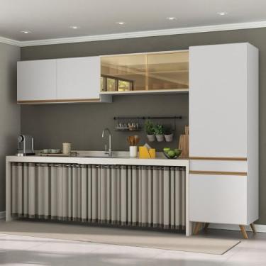 Imagem de Armário Cozinha Modulada Compacta com Vidros 302cm 3 Peças Veneza Multimóveis Mp2299 Branco/dourado