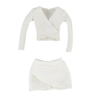 Imagem de Dynwave Top curto feminino em escala 1:6, saia curta, clássico, feito à mão, manga comprida, ajustado, para boneco de ação de 12 polegadas, acessório para, Branco