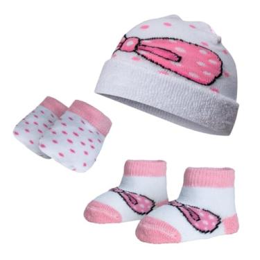 Imagem de Kit Touca, Meia e Luva Recém Nascido Algodão Atoalhado Maternidade Enxoval Bebe Dallf (Laço/Rosa, Recém Nascido)