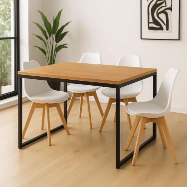 Imagem de Conjunto Mesa de Jantar 4 Cadeiras – Mesa Retangular Madeira com Pés de Ferro e Cadeiras Brancas Estofadas Leda