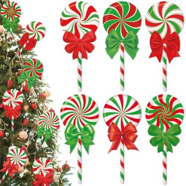 Imagem de 6 peças de decoração de árvore de Natal grande pirulito de madeira hortelã-pimenta 35,56 x 15,2 cm, enfeites de bengala doce dupla face para árvore de Natal, decoração de festa em casa (vermelho e