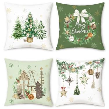 Imagem de COZZSNUGE Capas de almofada de Natal, árvore de Natal, guirlanda de madeira, casa de fazenda, inverno, aveludado, fronhas decorativas para sofá-cama, casa, pátio, conjunto de 4, 45 x 45 cm