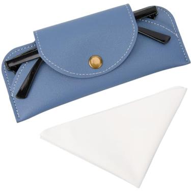 Imagem de CREATCABIN Estojo de couro fino para óculos com pano de limpeza de botão centáurea azul bolsa protetora de óculos com suporte portátil para óculos de sol bolsa de óculos de sol para mulheres e homens