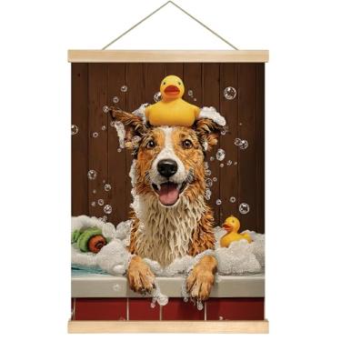 Imagem de Golden Retriever Arte de parede de banheiro - Cachorro fofo no banho com pato de borracha impressão em tela de linho, decoração de parede de banheiro de cães engraçados para casa, loja de cuidados de