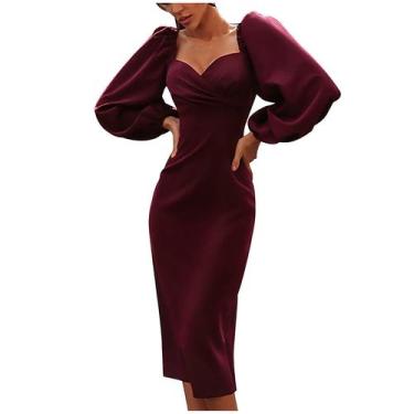 Imagem de Vestido feminino casual manga bufante retrô sólido com decote em V sex