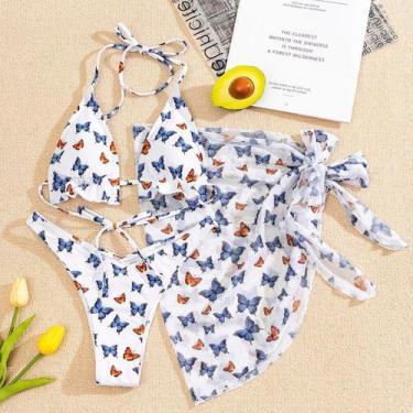Imagem de Biquíni feminino de três peças com estampa de borboleta com estampa de
