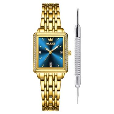 Imagem de OLEVS Relógio feminino moderno e luxuoso com mostrador quadrado – pulseira de malha de aço inoxidável dourado retrô, quartzo analógico, à prova d'água, elegante, fino, relógio social, amor próprio