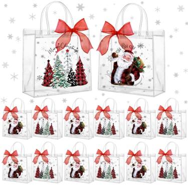 Imagem de Motipuns 24 peças de sacolas de presente de PVC transparente de Natal com alças e fita, lembrancinha de festa de Feliz Natal, reutilizável, xadrez, Papai Noel, árvore de Natal, sacolas de doces para