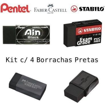 Imagem de Kit c/ 04 Borrachas Pretas da Stabilo, Faber-Castell e Pentel.