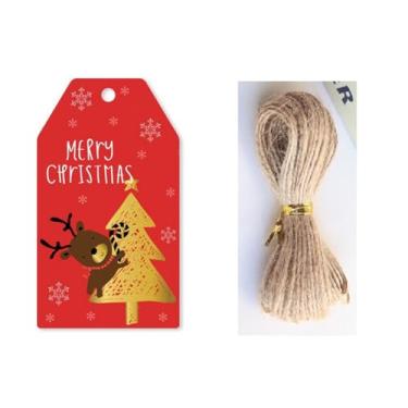 Imagem de 50 etiquetas de presente de papel de Natal com cordas, etiquetas de presente de papel de feliz Natal de 6,9 cm x 4,1 cm, etiquetas de presente com corda para lembrancinhas de festa, sacos pendurados
