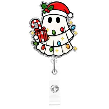 Imagem de Carretel de crachá de Natal, crachá de acrílico de fantasma fofo para crachá de identificação, suporte retrátil retrátil de fantasma de bengala, acessórios de clipe de jacaré para enfermeiras