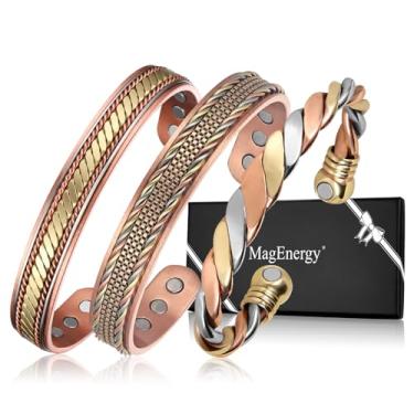 Imagem de MagEnergy Pulseiras de cobre para mulheres e homens, conjunto de 3 peças, terapia magnética, pulseira feita à mão 100% cobre, caixa de presente de joias, 6.89in