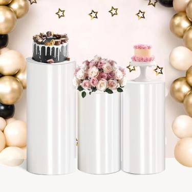 Imagem de Suporte de pedestal cilíndrico branco, suporte de pedestal de cilindro, portátil, resistente, cilindros para festas redondas para festa de casamento, aniversário, decoração de cupcakes, arranjos