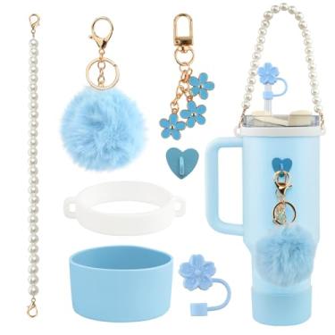 Imagem de Conjunto de acessórios para copo Stanley azul com 7 peças - alça para garrafa de água, tampa de cobertura de palha de flor de silicone, bota Stanley de silicone, pingentes para chaveiro, pingentes