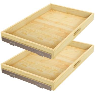 Imagem de 2 conjuntos de organizadores de armário removíveis, prateleiras de armazenamento de gaveta de madeira deslizantes macias para cozinha, organização de armário de base para despensa, acabado, resistente