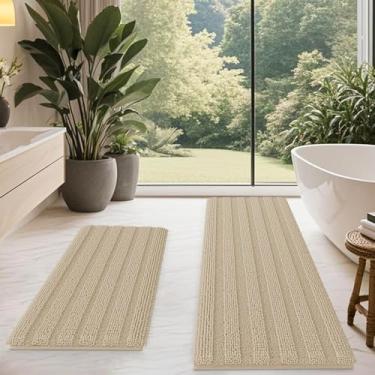 Imagem de ACCUMTEK Conjunto de tapete de banheiro bege listrado 2 peças 61 x 43 cm + 122 x 50 cm ultramacio, tapetes de banho de chenille antiderrapantes, tapetes de banho felpudos absorventes para banheiro