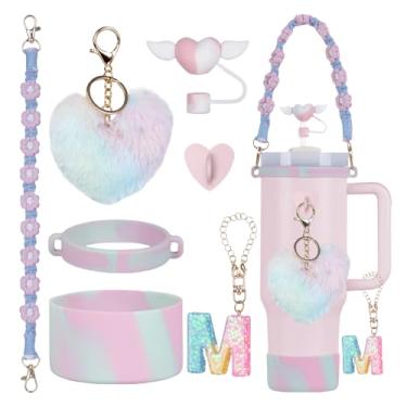 Imagem de Rabrgab Conjunto de 7 peças de acessórios para copo Stanley com alça, decoração de copo feminino para meninas para 1,134 g, 850 g, 590 g, incluindo topo de palha de coração, pingentes de coração, bota