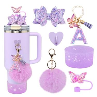 Imagem de Conjunto de 6 peças de acessórios de copo Stanley roxo - tampa de cobertura de palha de borboleta, laço brilhante para canudo, bota de silicone brilhante, pingente de letra e pompom para copos satnley