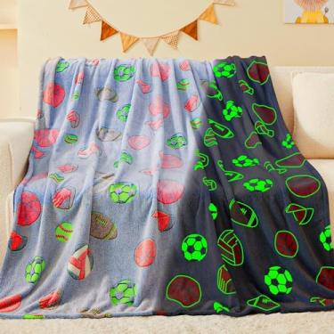 Imagem de inhand Cobertor de futebol que brilha no escuro azul brinquedos de presente de futebol para meninos meninas adolescentes macio aconchegante crianças cobertor decoração de quarto, Natal Páscoa