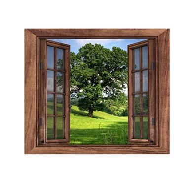 Imagem de THREMA Quadro de paisagem de janela arte de parede em tela - pintura de janela aberta falsa floresta - impressão natural em tela - imagem de arte moderna para pintura de parede de sala de estar 50 x