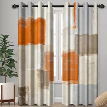 Imagem de Kzzfqxb Cortinas abstratas brancas bege laranja para sala de estar, cortinas de janela com estampa moderna, cores quentes, geométricas, xadrez, cortinas laváveis à máquina para decoração de casa, 2