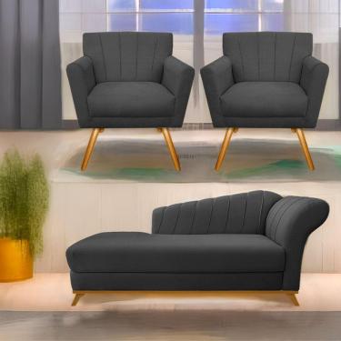 Imagem de Kit Diva Recamier Vanessa 160Cm Lado Esquerdo E 02 Poltronas Laura Linho Cor Cinzaescuro