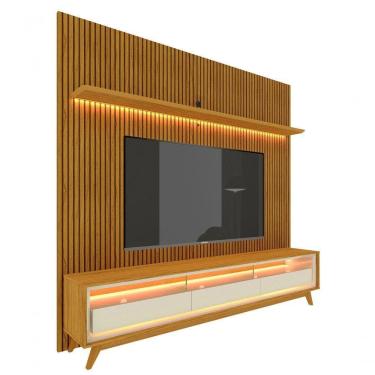 Imagem de Rack Com Painel Requinte Retrô Ripado 3d Com Led Requinte Com Off White - Gelius Móveis