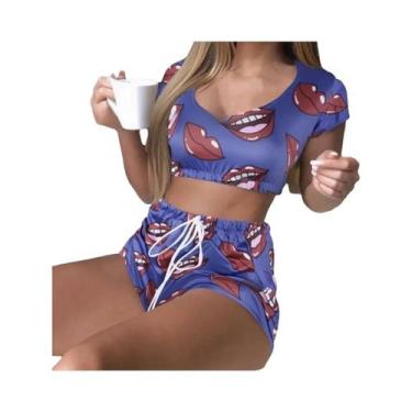 Imagem de Conjunto de Pijamas Feminino Verão - Sexy, Casual, Estampa de Lábios -