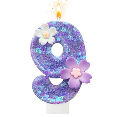 Imagem de Vela de aniversário de flor roxa, número 9 velas de aniversário para bolo, 9 velas para primeiro aniversário, decoração de bolo, aniversário de casamento e outras celebrações (roxo 9)