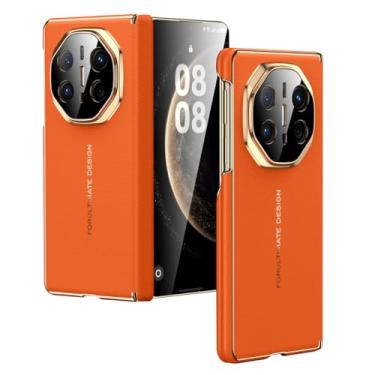 Imagem de FWYANZH Capa de couro de vaca para Huawei Mate X7, capa traseira magnética proteção total da dobradiça à prova de choque galvanizado capa de couro genuíno de luxo, laranja, mate X7