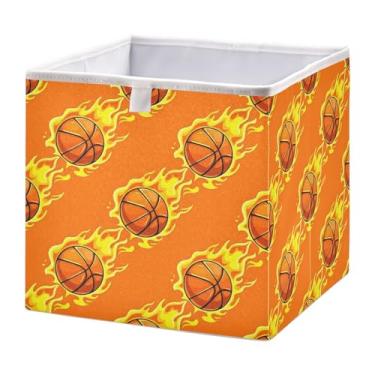 Imagem de WELLDAY Cesta de armazenamento, bolas de basquete com chamas amarelas, dobrável, 28 x 28 x 28 cm, organizador de decoração de casa, para prateleiras, armário, lavanderia, berçário