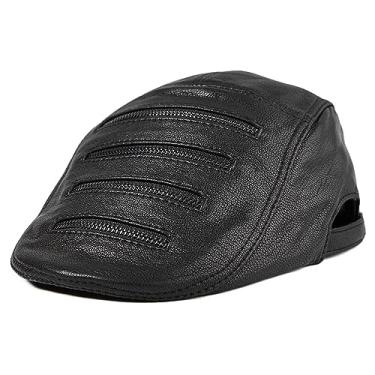 Imagem de uhyOHF Chapéu de jornaleiro de couro boina boné de táxi masculino chapéu de condução de couro outono inverno primavera (preto-GG