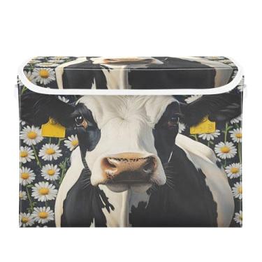 Imagem de xigua Cestos de armazenamento de vaca preto e branco com tampas e alça de transporte, caixas de armazenamento dobráveis organizadores recipientes cestos cubo com capa para casa, quarto, armário