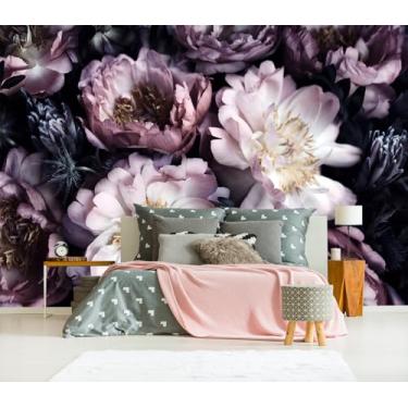 Imagem de XMPMBM M03M Papel de parede floral peônia roxa vintage fundo de flores pretas quarto banheiro mural de parede - 299.7 cm x 215.9 cm (69 pés quadrados)