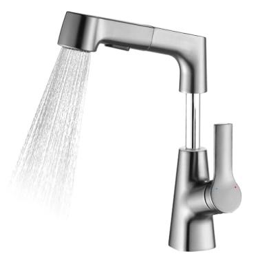 Imagem de Torneira de Cozinha Rotativa e Elevável com Aspersor Retrátil Altura Ajustável Giratória 360 Graus Misturador Água Quent