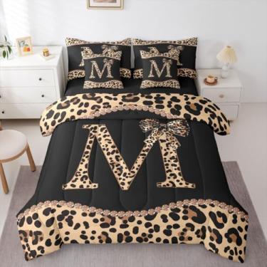 Imagem de Conjunto de edredom Queen com letra M e laço de chita africana – cama com estampa de leopardo em uma bolsa para meninas e mulheres adultos moderno, conjunto de cama de 7 peças, leopardo, guepardo