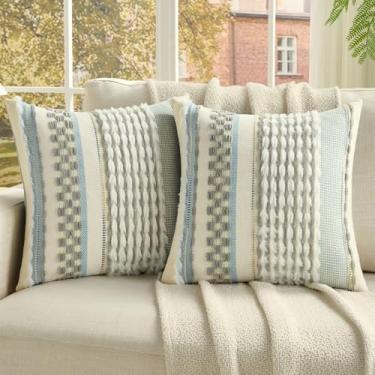 Imagem de FUTEI Conjunto de 2 capas de almofada com detalhe cinza, 50,8 x 50,8 cm de pelúcia, adornado, listradas, texturizadas, decorativas para decoração de sofá boêmio de fazenda