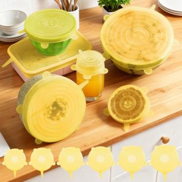 Imagem de 6 peças de tampas elásticas de silicone, tampas redondas de armazenamento de alimentos, tampas de vedação de tigela reutilizáveis para recipientes de cozinha, amarelo