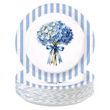 Imagem de 50 peças, pratos de papel xadrez de hortênsia, 25,4 cm, resistentes, descartáveis, florais azuis, pratos de sobremesa, decorações de festa xadrez para primavera, chá de bebê, casamento, chá de panela