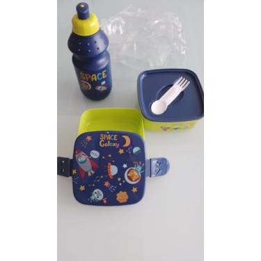 Imagem de Conjunto de Lancheira Infantil Space Galaxy, Tema Espacial, Azul e Amarelo, com Garrafa de Água e Talheres