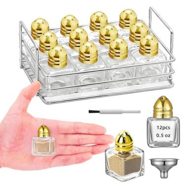 Imagem de 12 potes pequenos em forma de cubo de 14,2 g, pequenos saleiros e pimenteiros de vidro transparente, saleiro de especiarias com funil e rack de armazenamento para festa de casamento, restaurante, casa